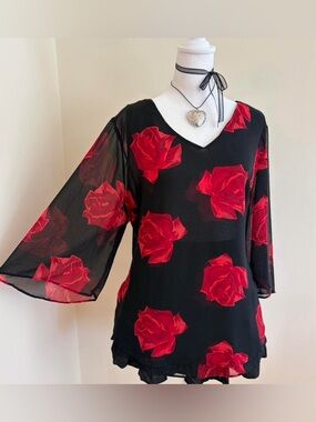 Vintage Y2K floral rose fairy whimsygoth chiffon bell sleeve black red blouse 1X